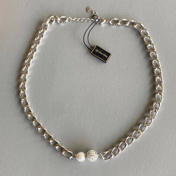 Rhodium Silver Tone Chain Pearl Pave Crystal Necklace - Picture 3 of 5
